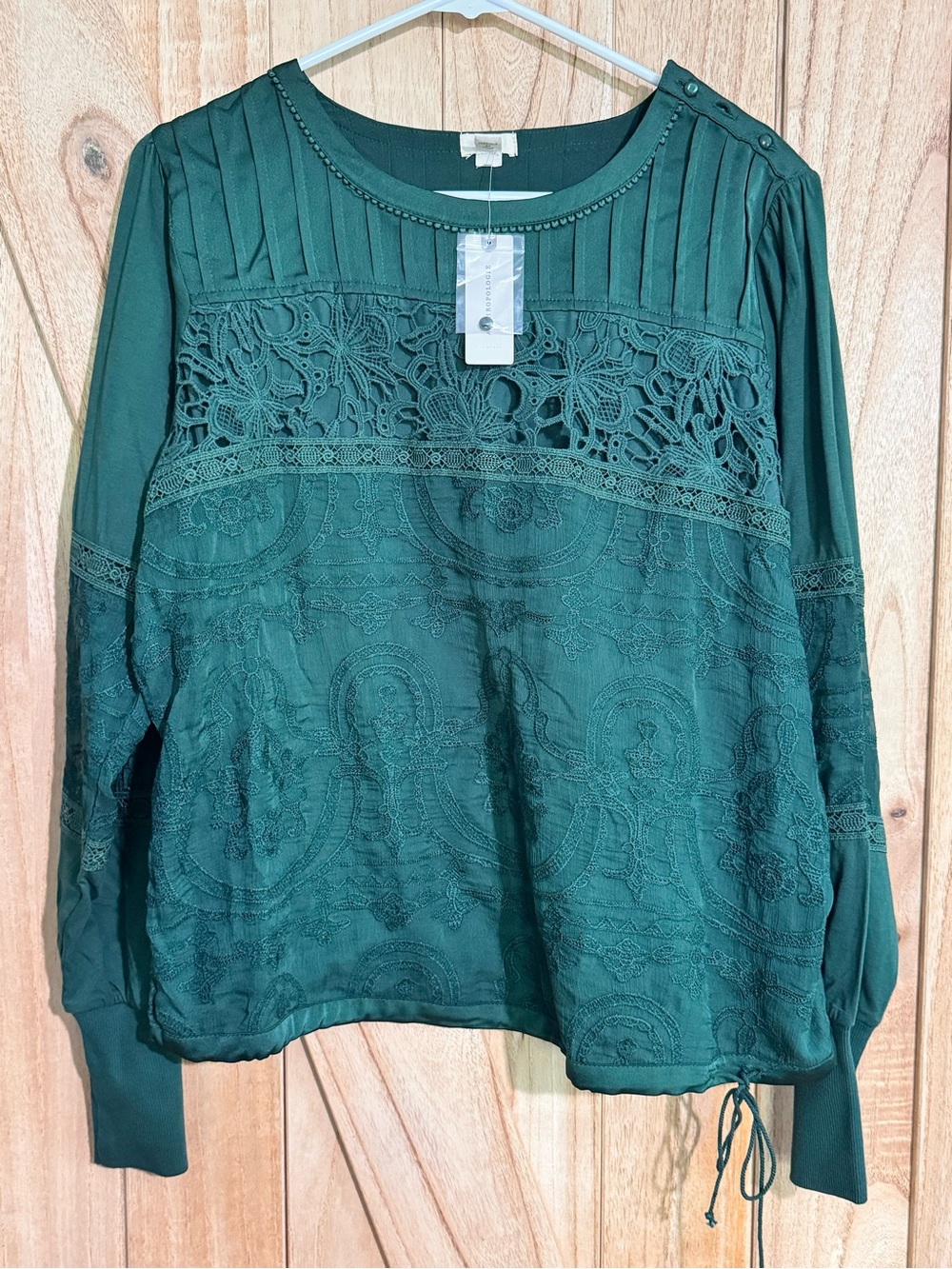 Women's Forest Green Lace-Panel Long Sleeve Blouse